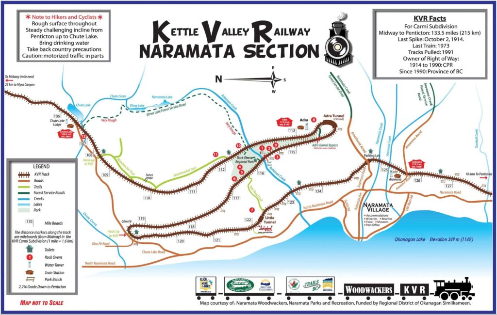 The Naramata Section is known as the most popular section of the KVR, where you’ll see wineries, canyons, rivers and beautiful Okanagan Lake.